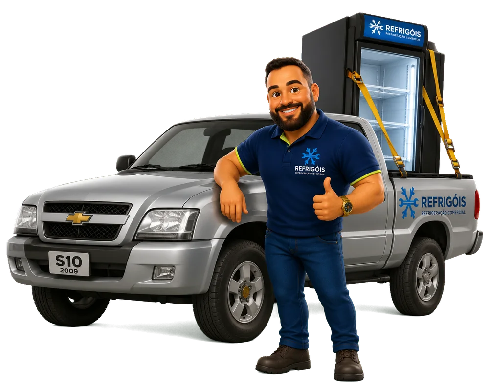 Técnico da Refrigóis ao lado da caminhonete com equipamento para atendimento